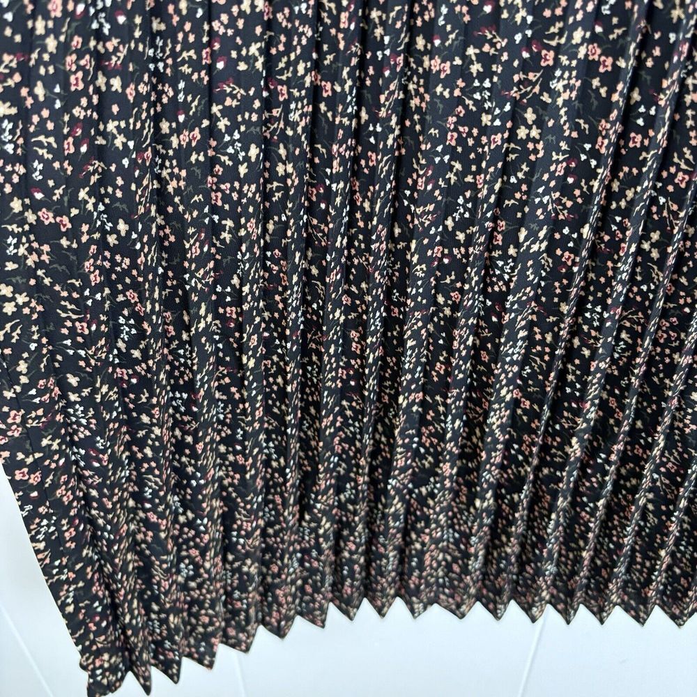Pleione Women's Small Black Pink Floral Pleated Midi Skirt Pull On Elastic Waist - Picture 4 of 8